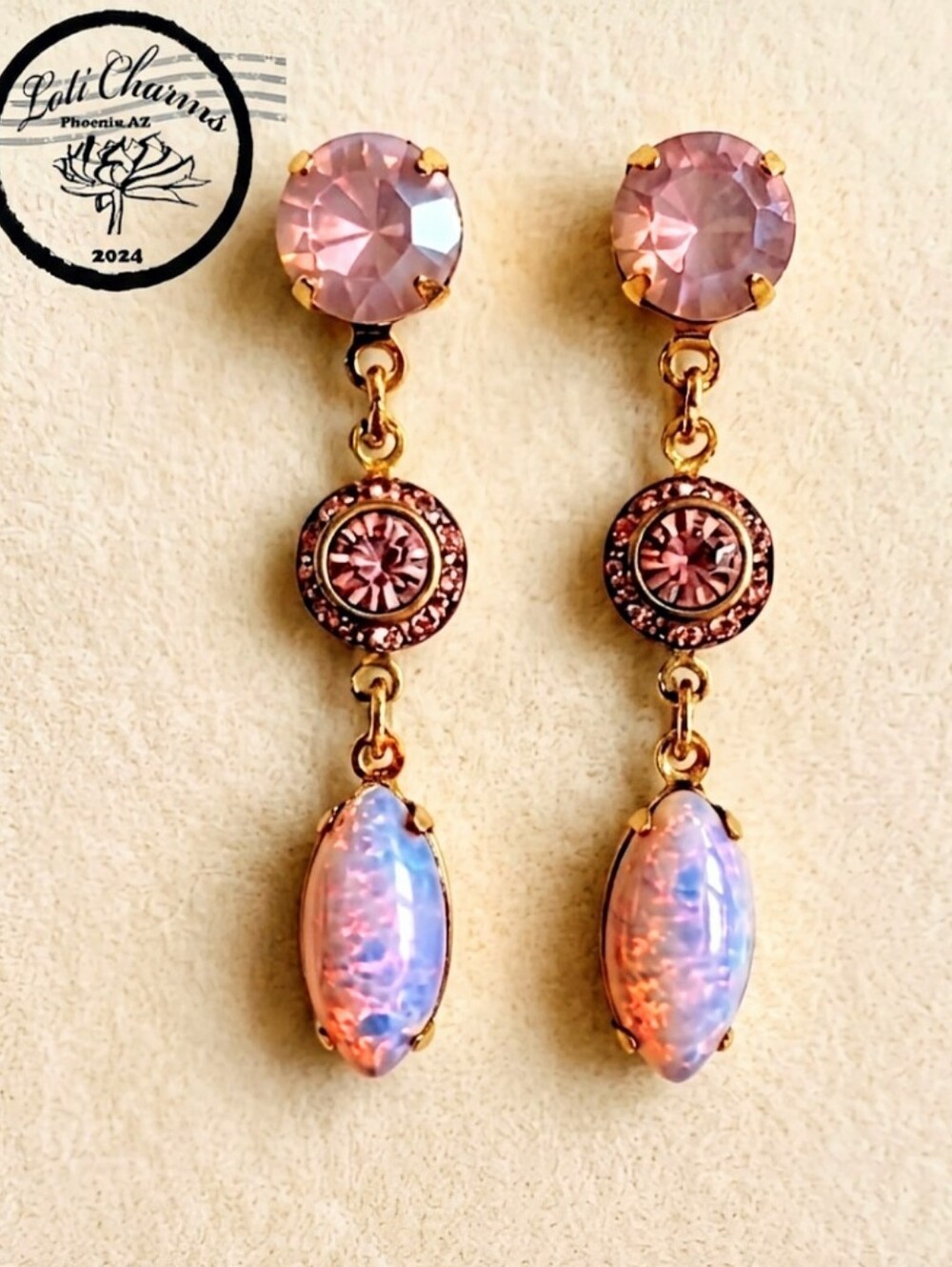 Swarovski Pink Opal, Flower & Pink Fire Opal in Drop Dangle Yellow Gold Earrings